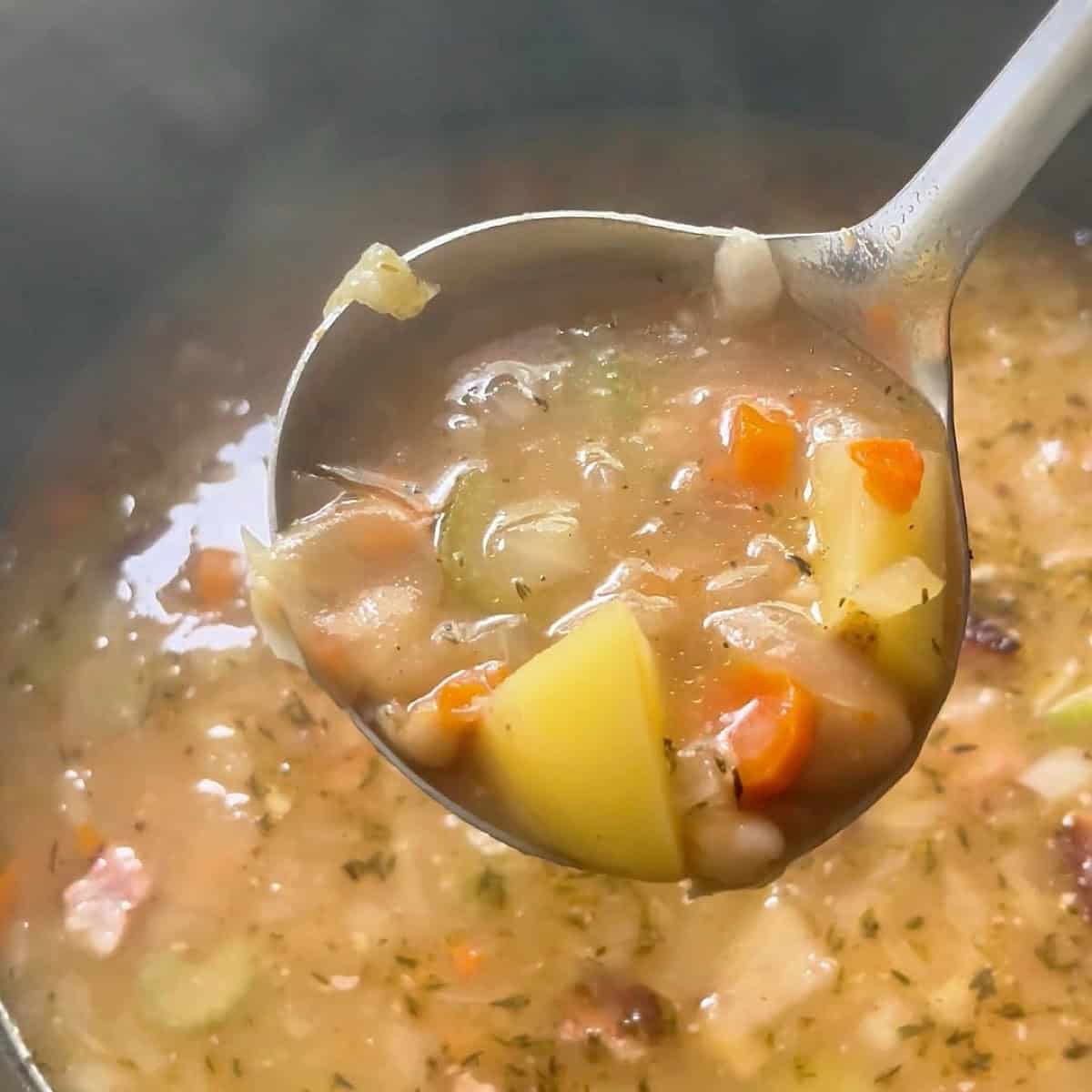 A ladle of italian white bean soup with mashed beans and other ingredients showing.