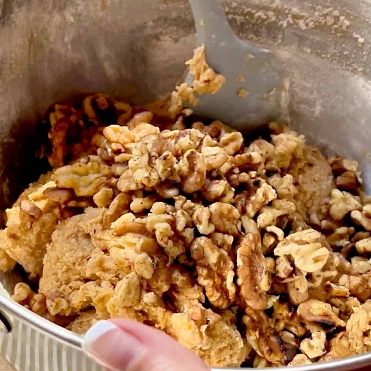 Folding walnuts into biscotti dough.
