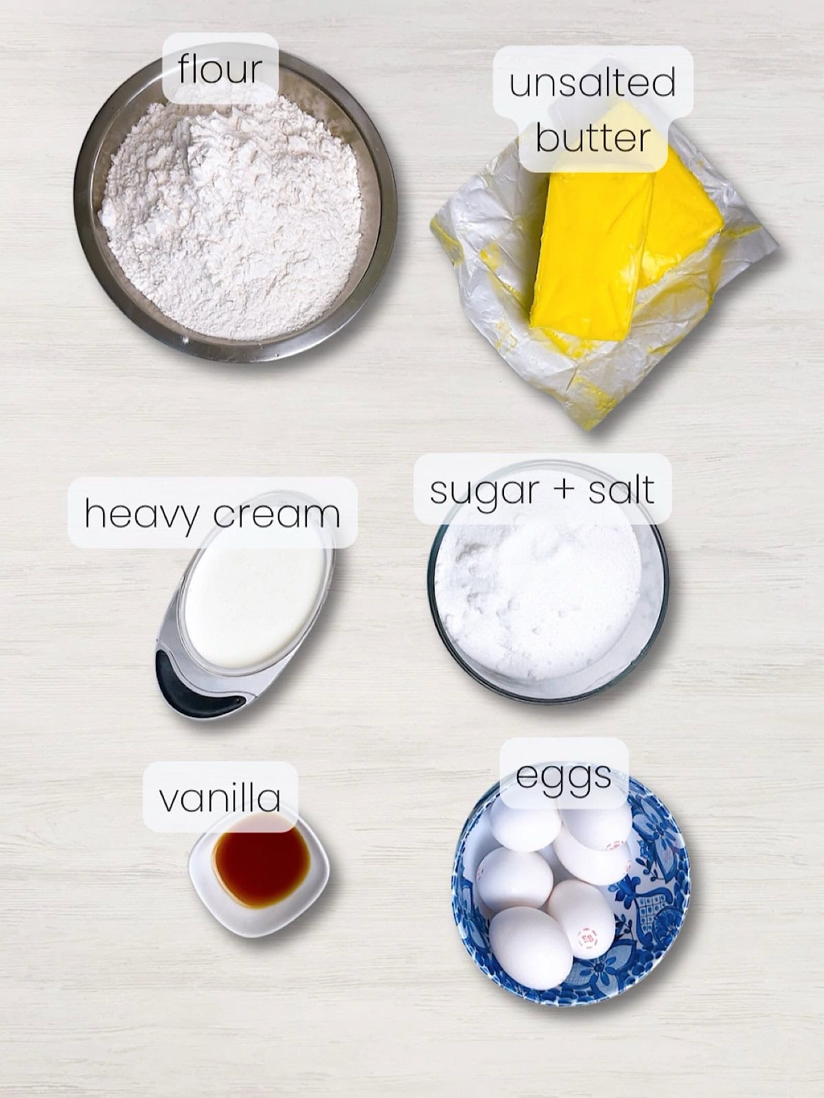 A labeled image of everything needed to make a moist southern vanilla pound cake.