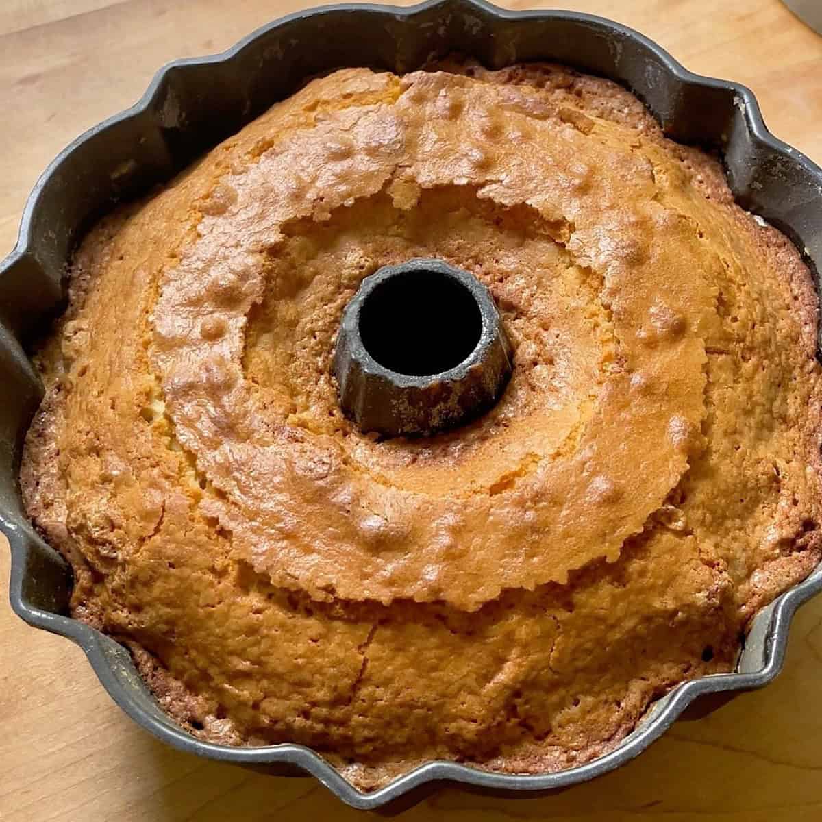 Baked Southern pound cake removed from the oven to cool.