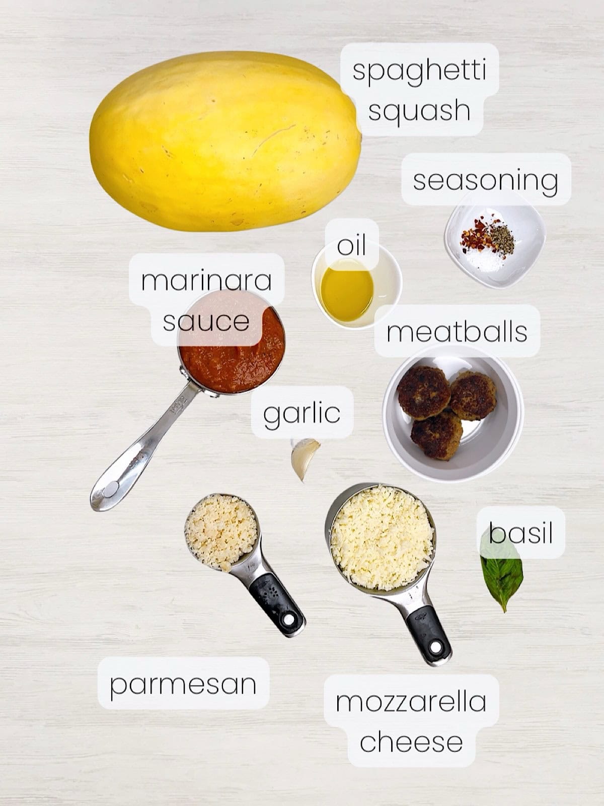A labeled image of everything needed to make baked spaghetti squash with marinara and meatballs.