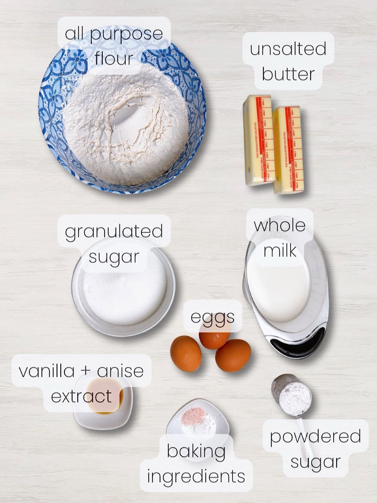 A labeled image of everything needed to make pizzelles with anise.