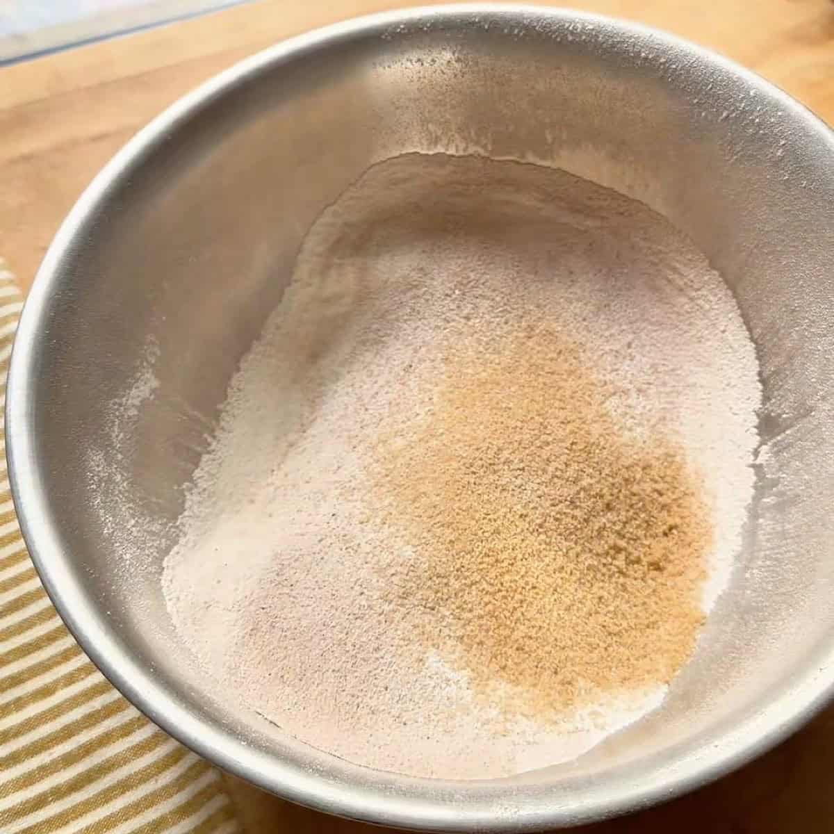 Dry ingredients whisked in a bowl.