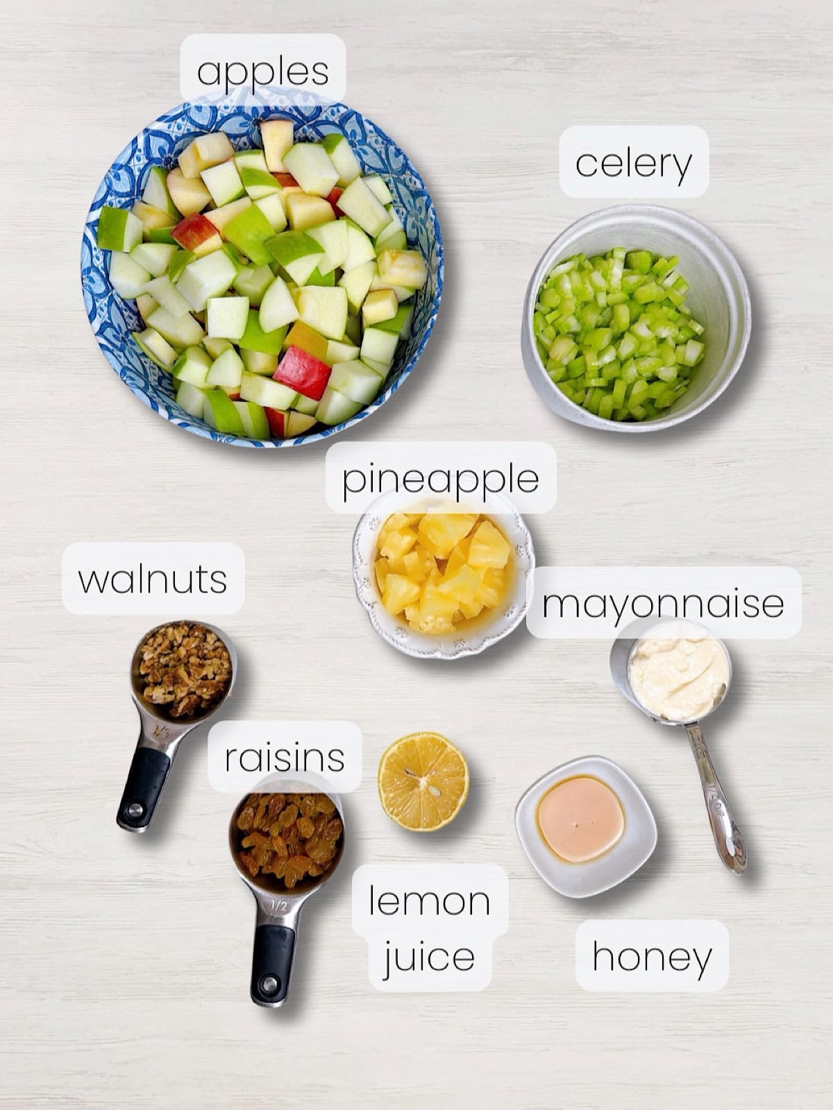 A labeled image of everything needed to make this classic Waldorf salad.