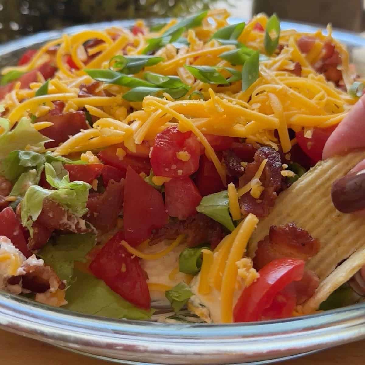 Side view of cold blt dip with a scooped chip to show layers.