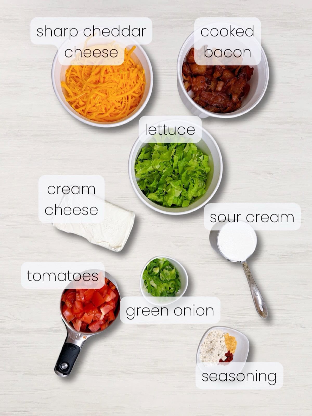 A labeled image of everything needed to make Cold BLT Dip with Cream Cheese.