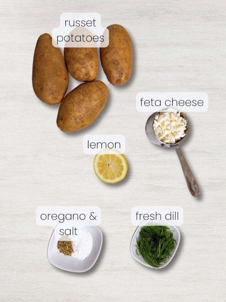A labeled image of everything needed to make crispy greek feta fries.