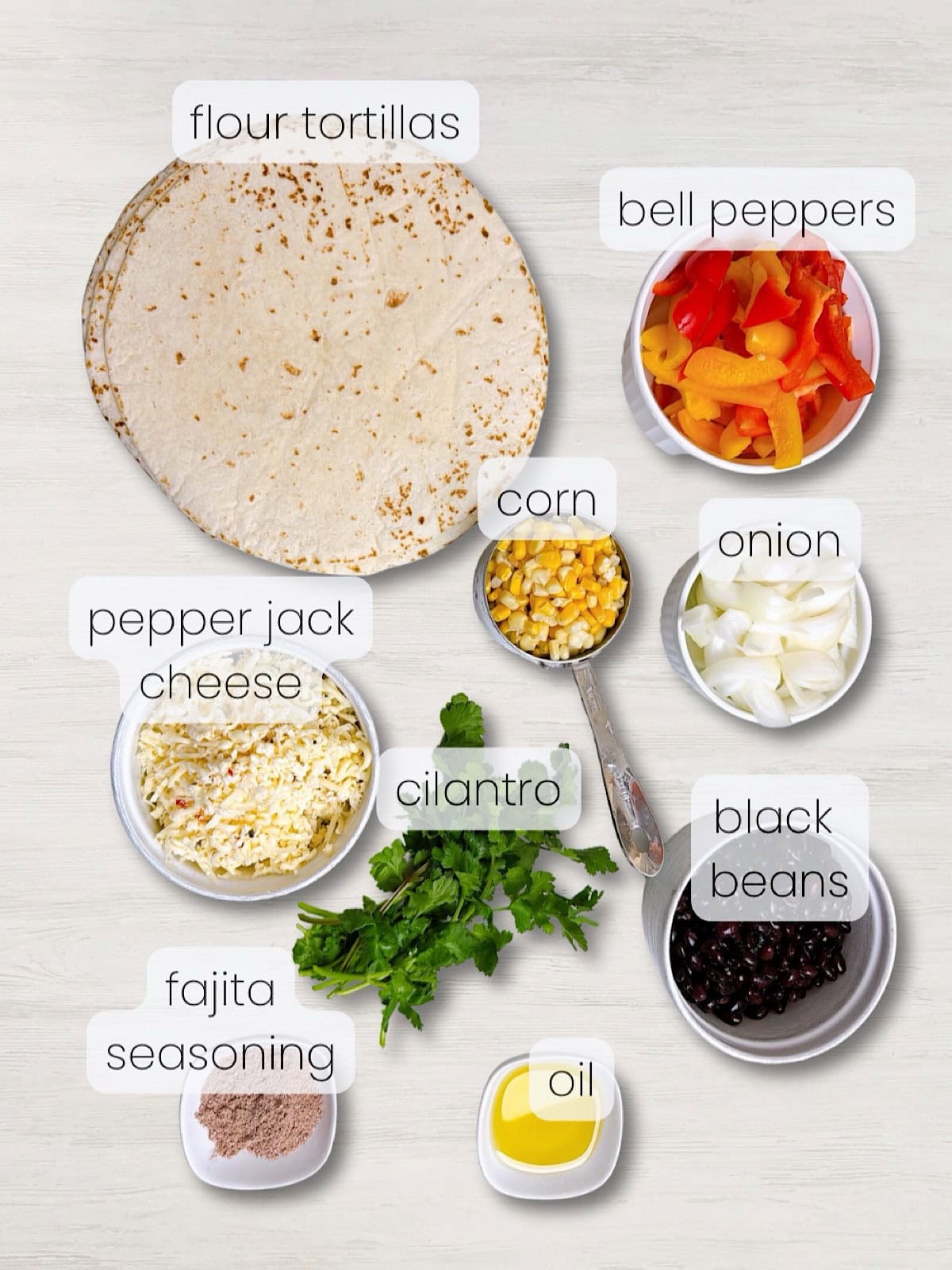 A labeled image ov everything needed to make easy vegetarian quesadillas.