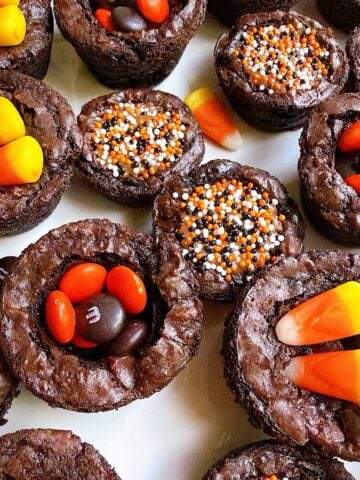 Halloween brownies on a white platter.