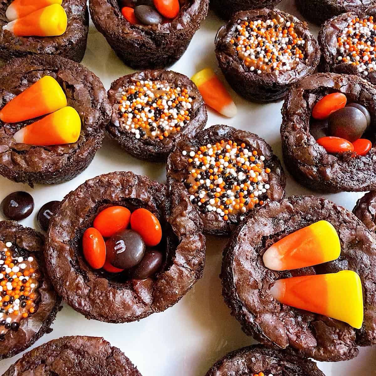 Halloween brownies on a white platter.