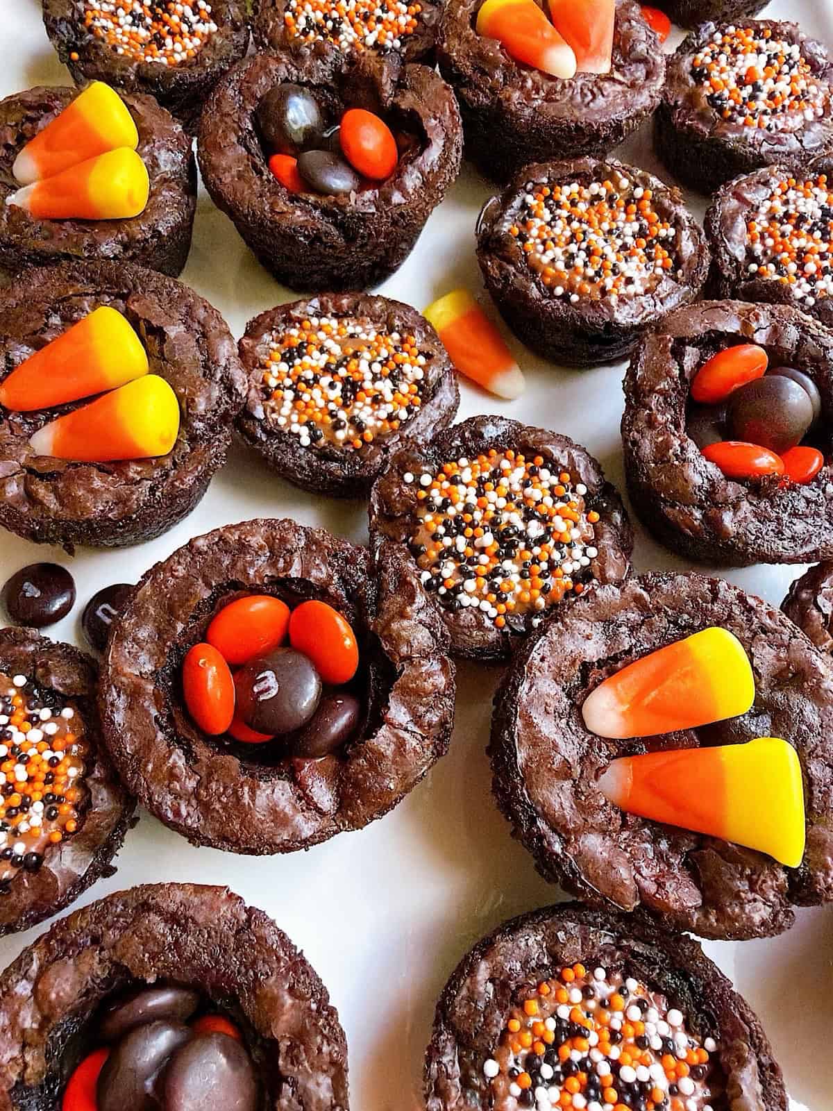 Halloween brownies on a white platter.