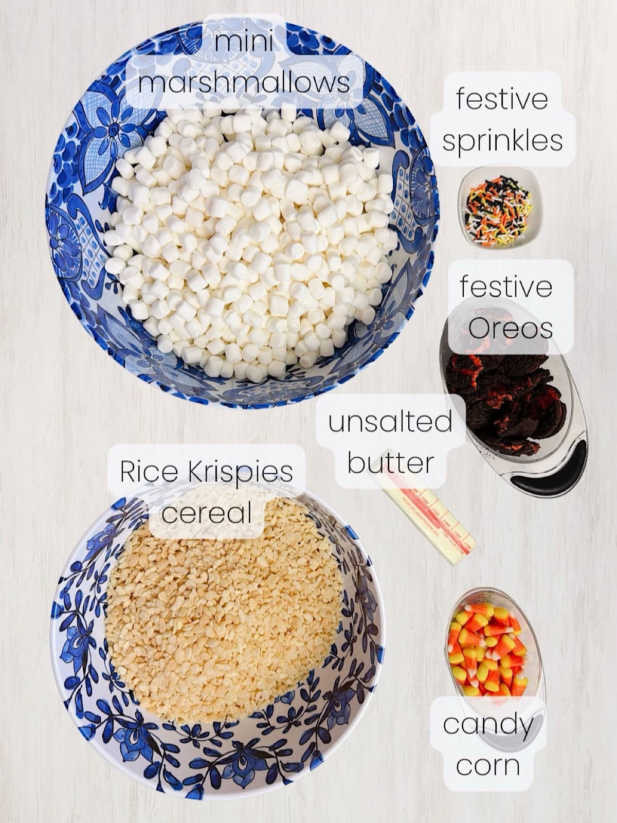 A labeled image of everything needed to make Halloween rice krispie treats.