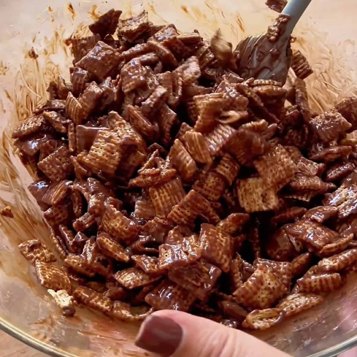 Rice Chex coated with chocolate peanut butter mixture.