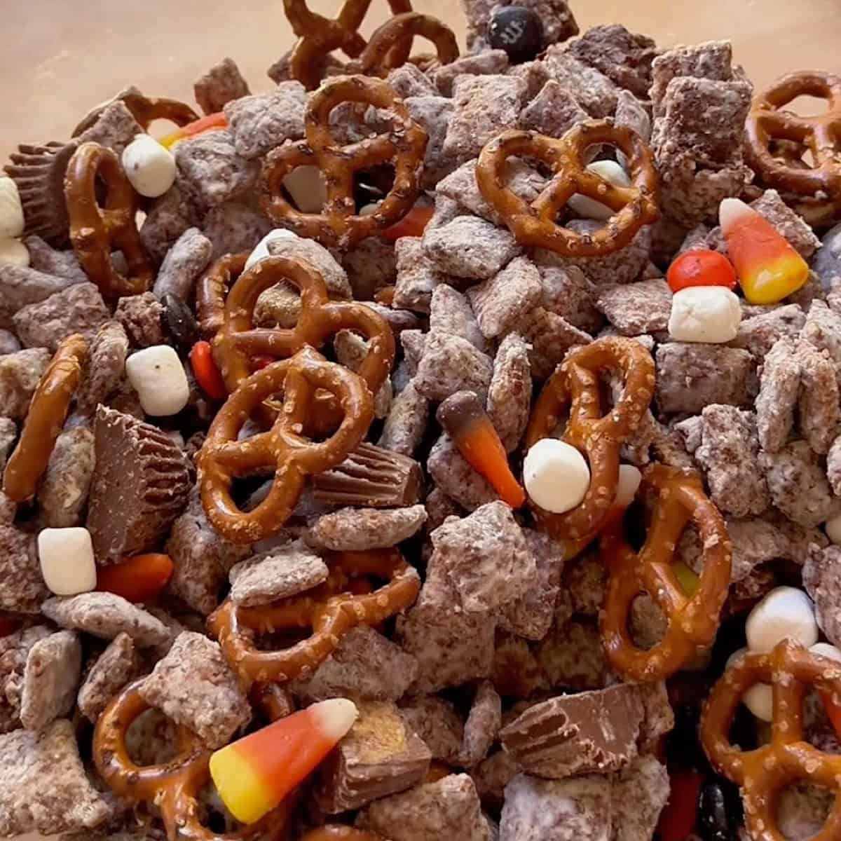 Halloween Trail Mix in a glass serving bowl.