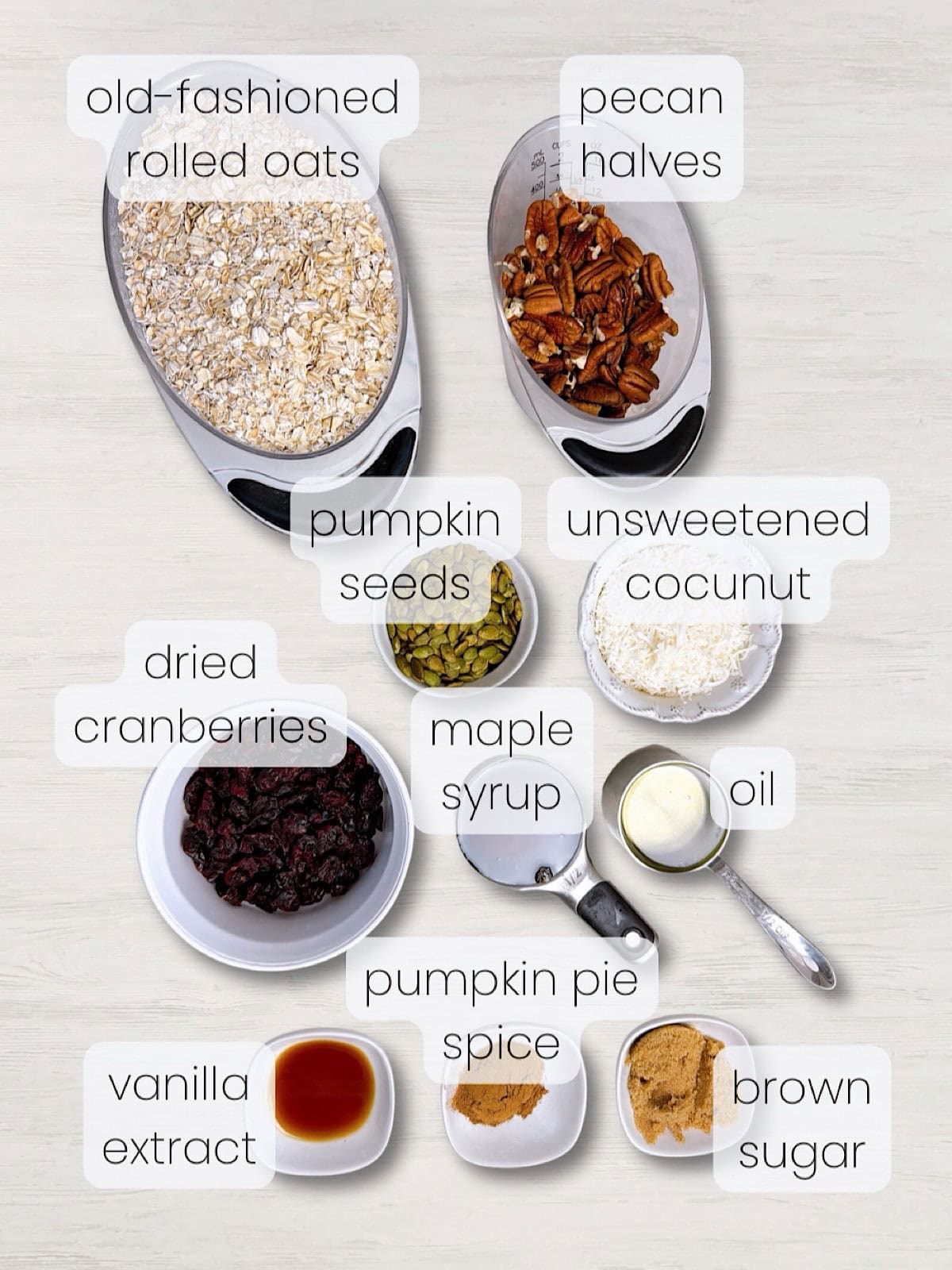 A labeled image of everything needed to make maple pecan granola.