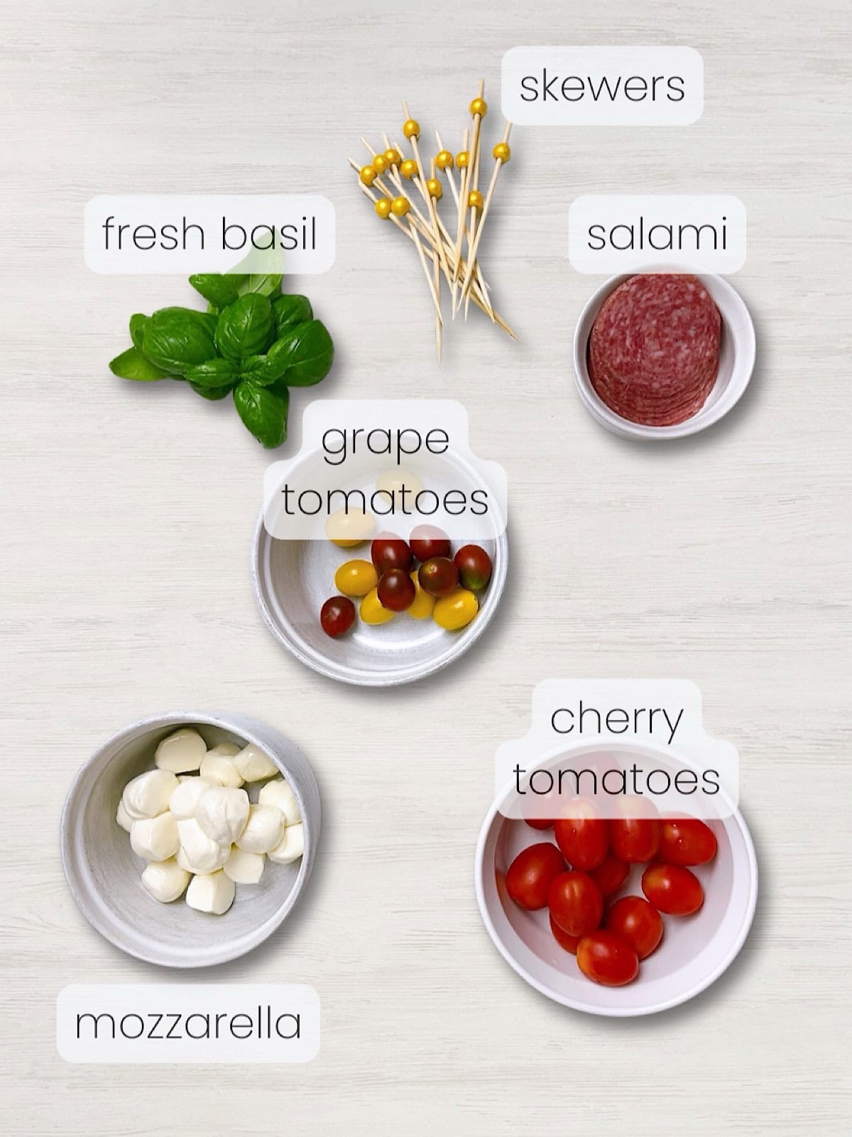 A labeled image of everything needed to make mini caprese skewers with salami roses.