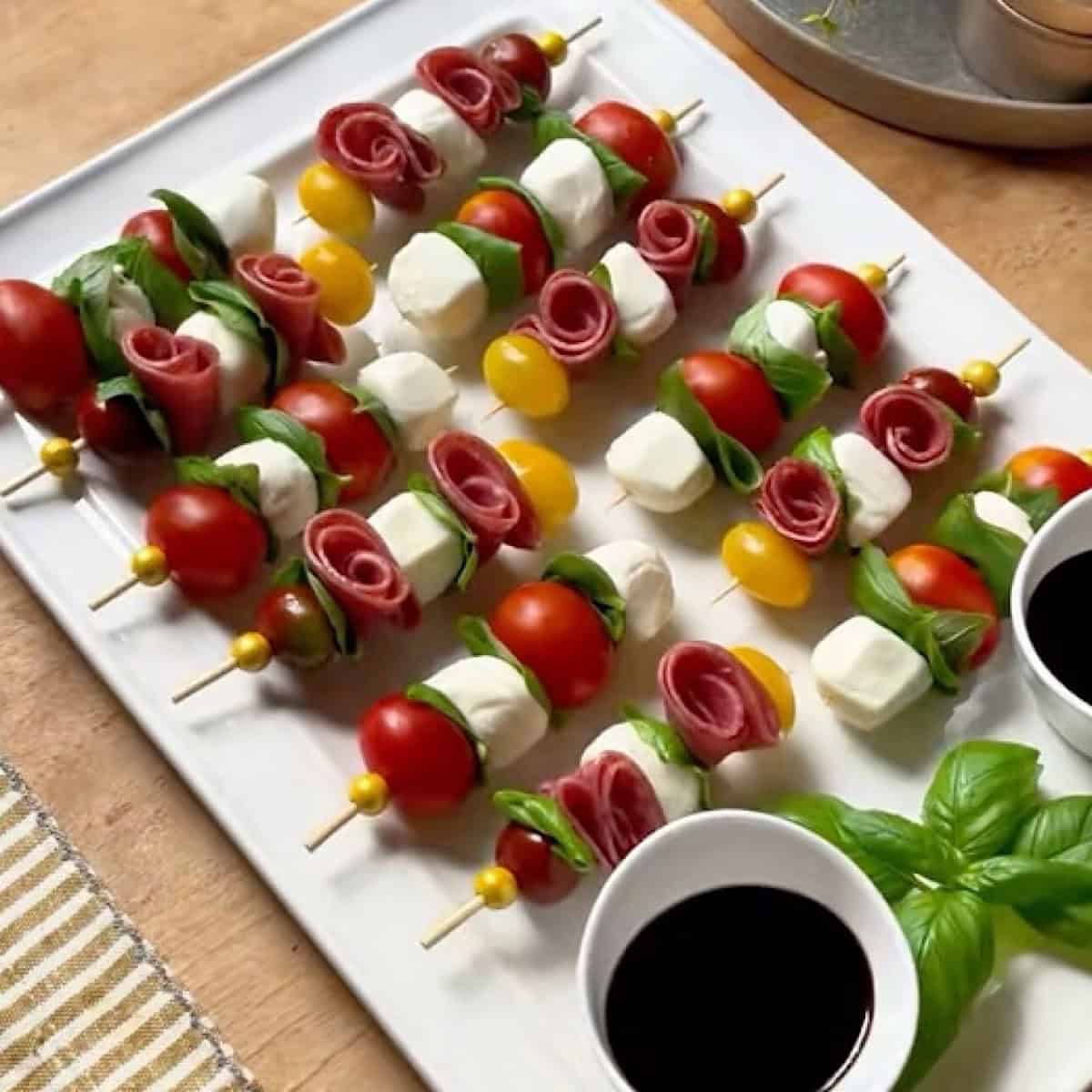Caprese skewers with salami roses arranged on a platter with balsamic syrup and fresh basil garnish.