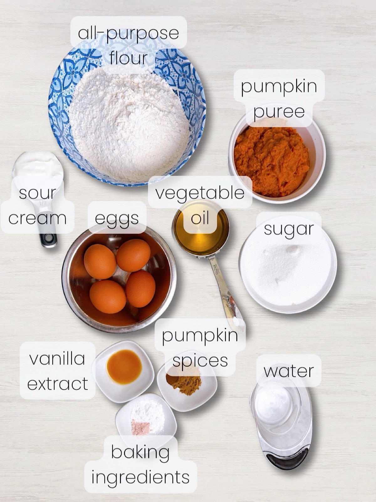 A labeled image of everything needed to make moist pumpkin bread.