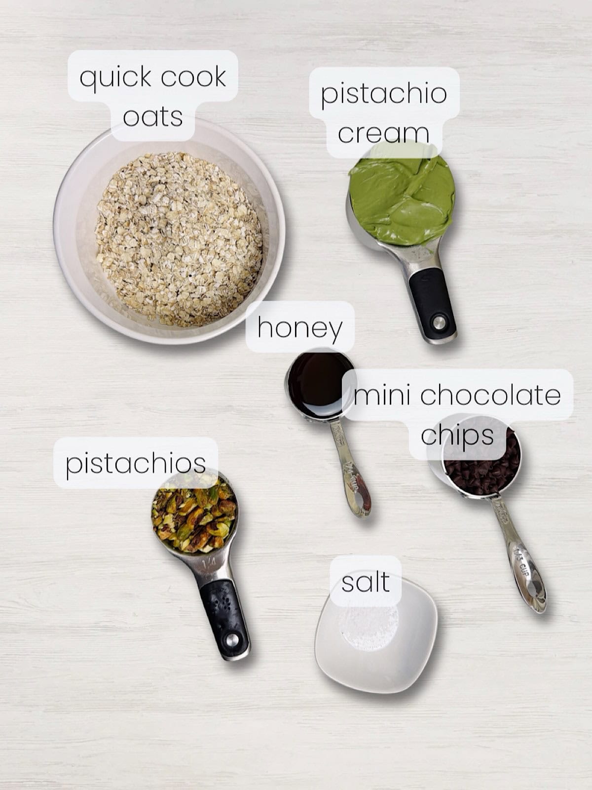 A labeled image of everything needed to make chocolate pistachio energy balls.