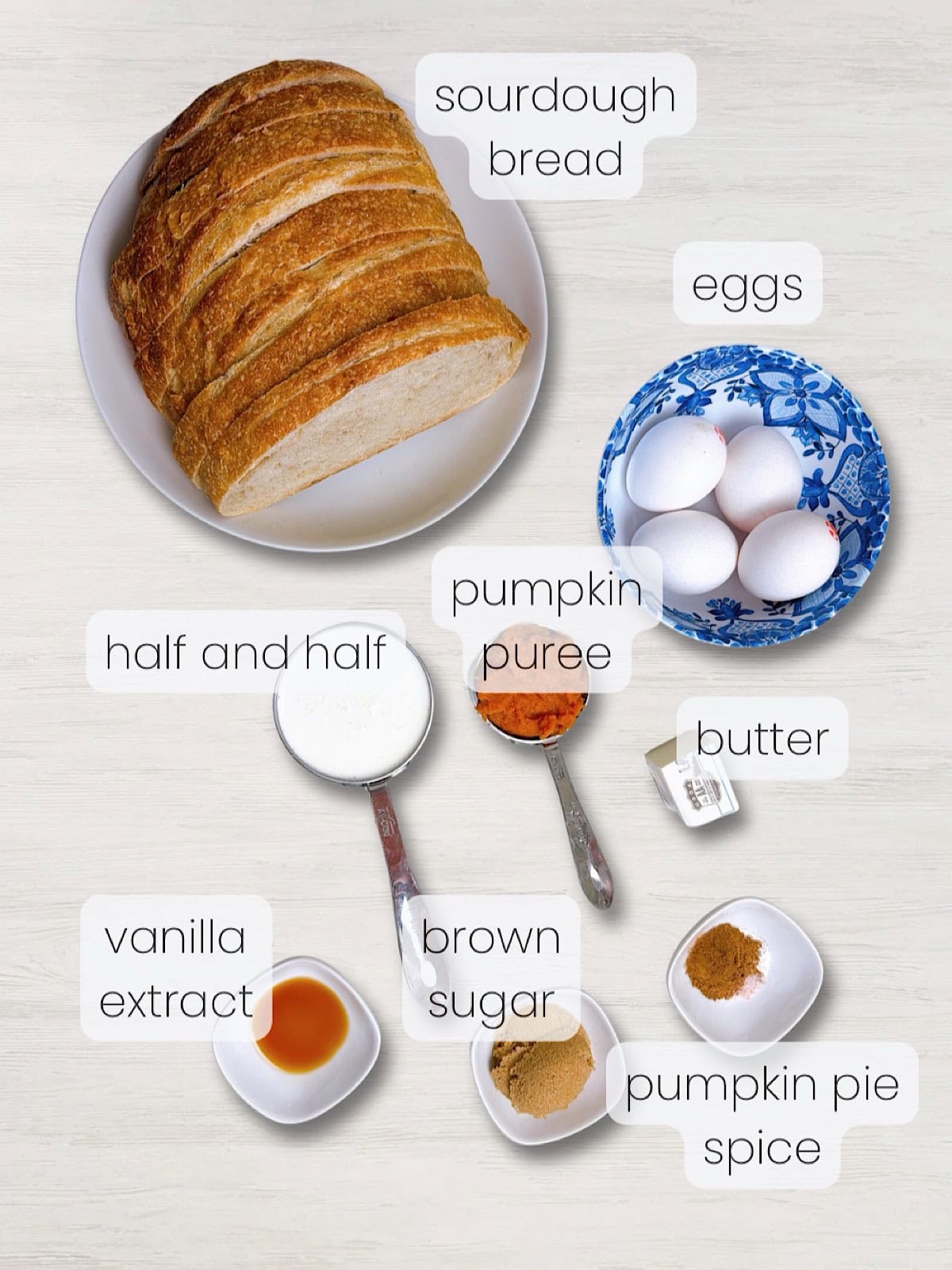 A labeled image of everything needed to make pumpkin spice french toast.