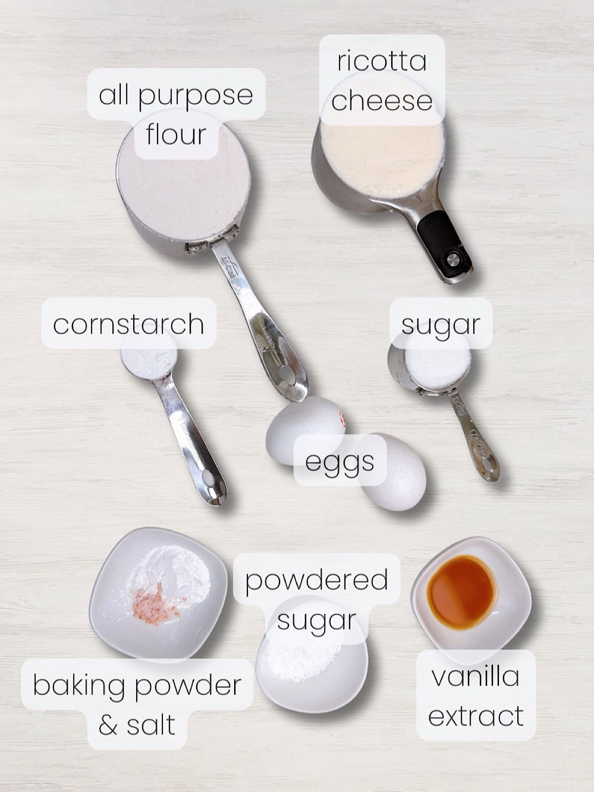 A labeled image of everything needed to make Ricotta Zeppole.