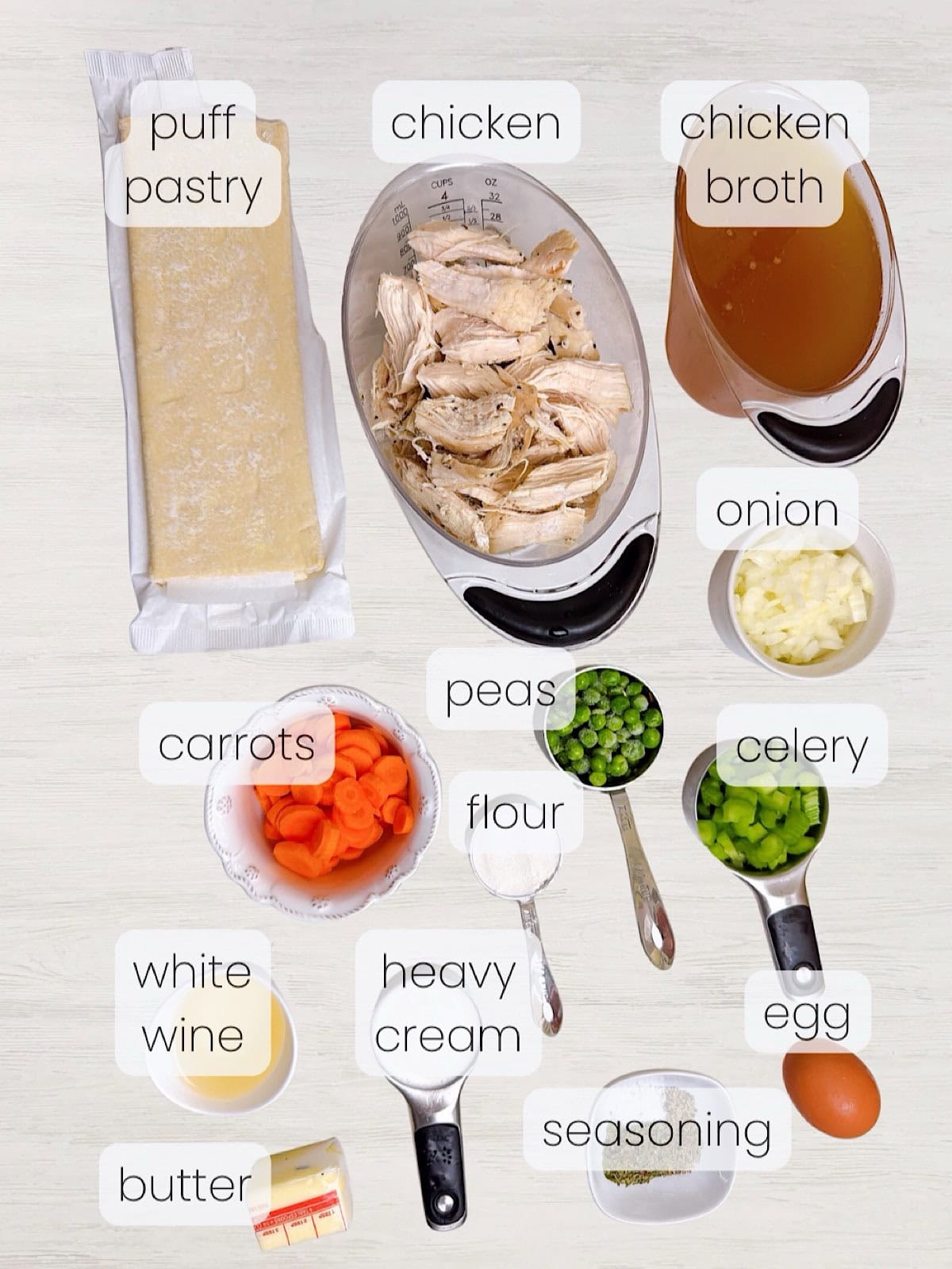 A labeled image of everything needed to make Southern chicken pot pie with puff pastry.