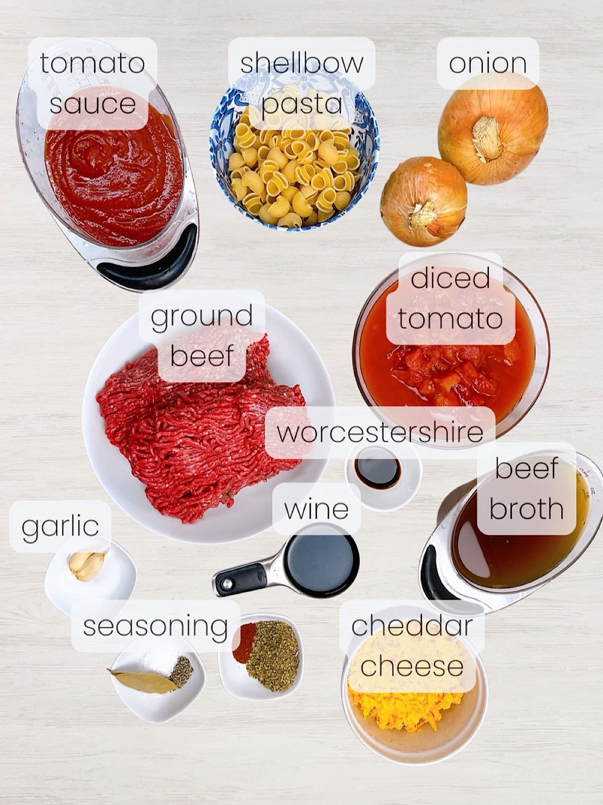 A labeled image of everything needed to make this Southern Goulash recipe.