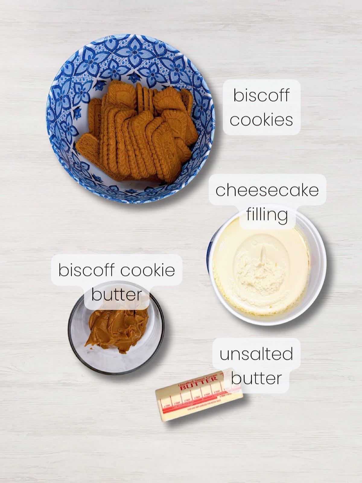 A labeled image of everything needed to make individual Biscoff cheesecake cups.