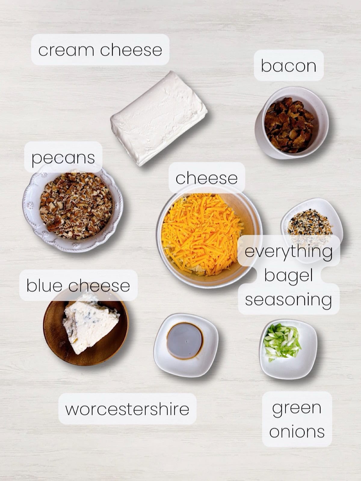 A labeled image of everything needed to make the blue cheese cheese ball recipe.