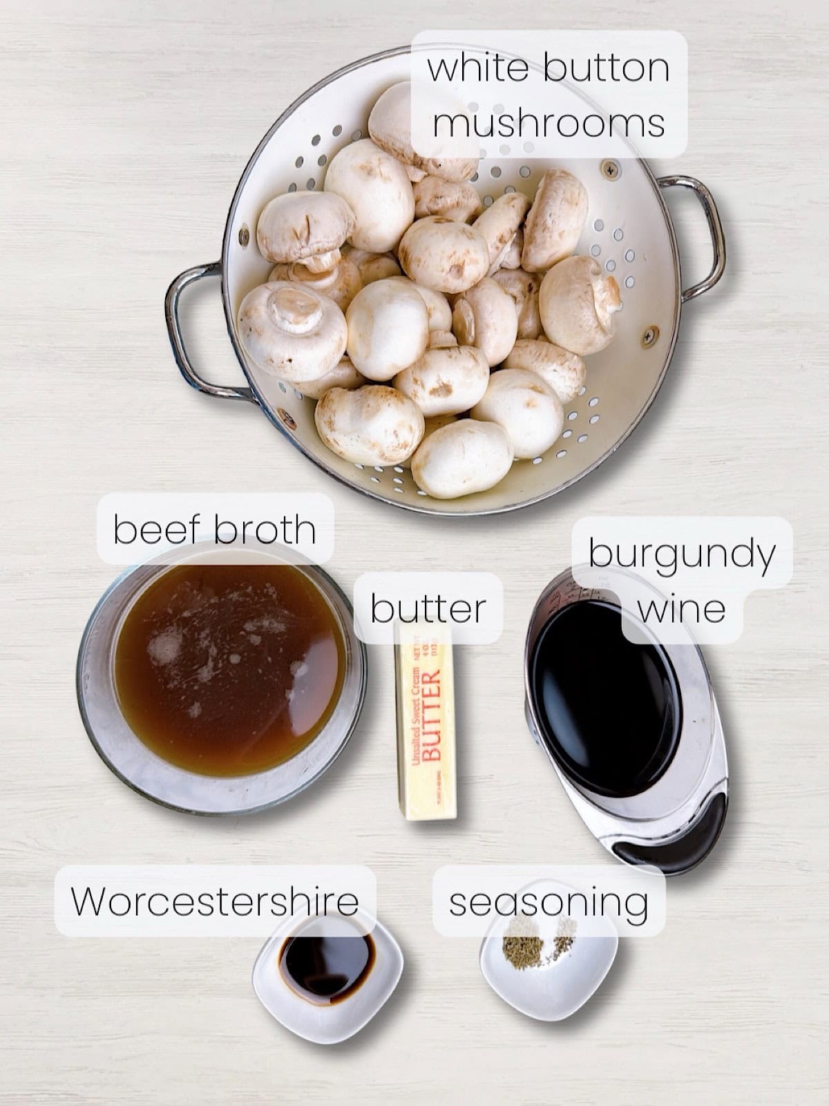 A labeled image of everything needed to make this burgundy mushrooms recipe.