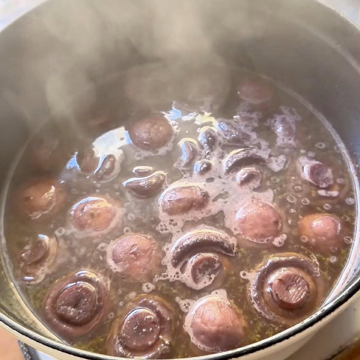Burgundy mushrooms simmered and ready to serve.