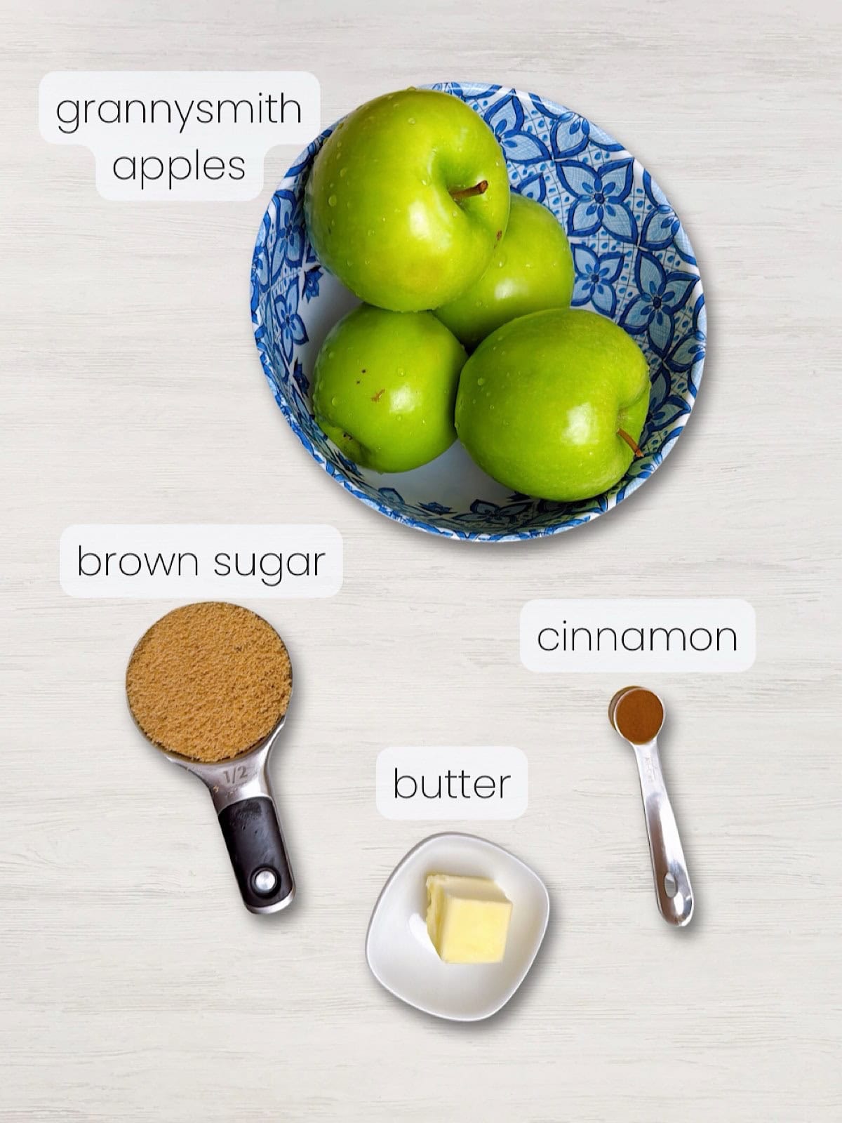 A labeled image of everything needed to make caramelized apple slices.