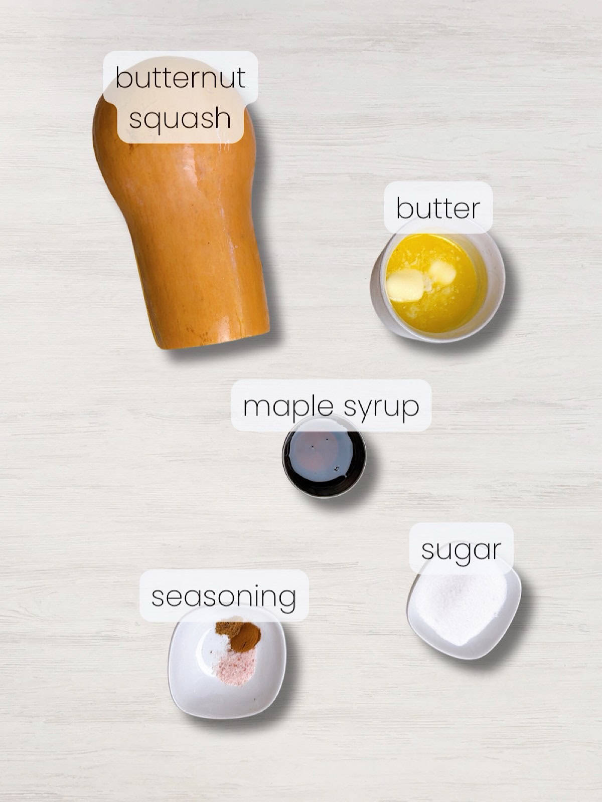 A labeled image of everything needed to make caramelized butternut squash.