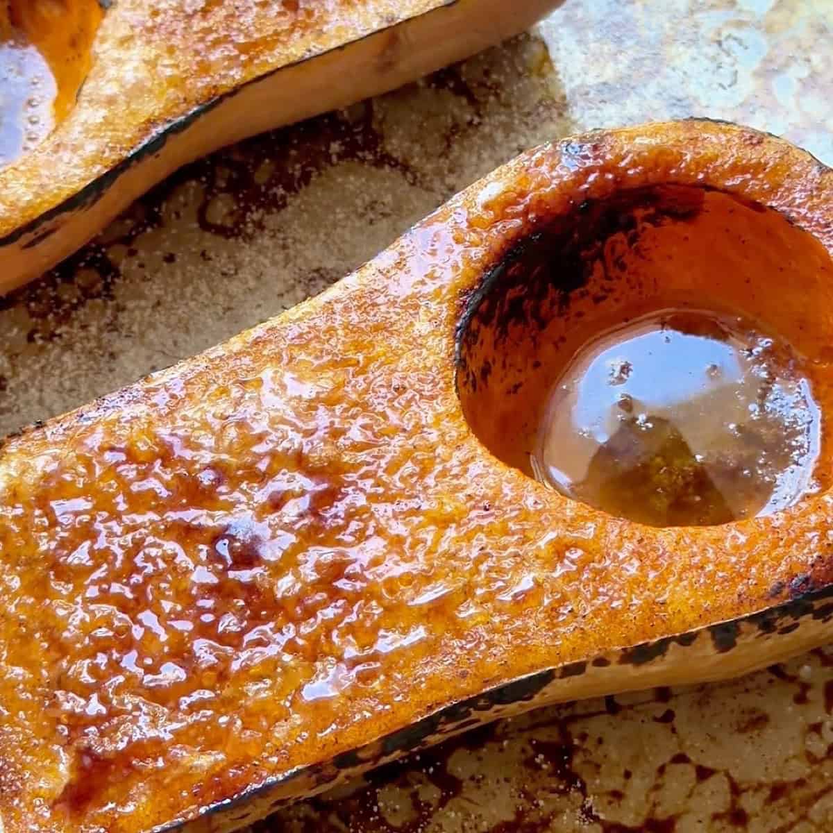 Two butternut squash halves with brûlée topping.