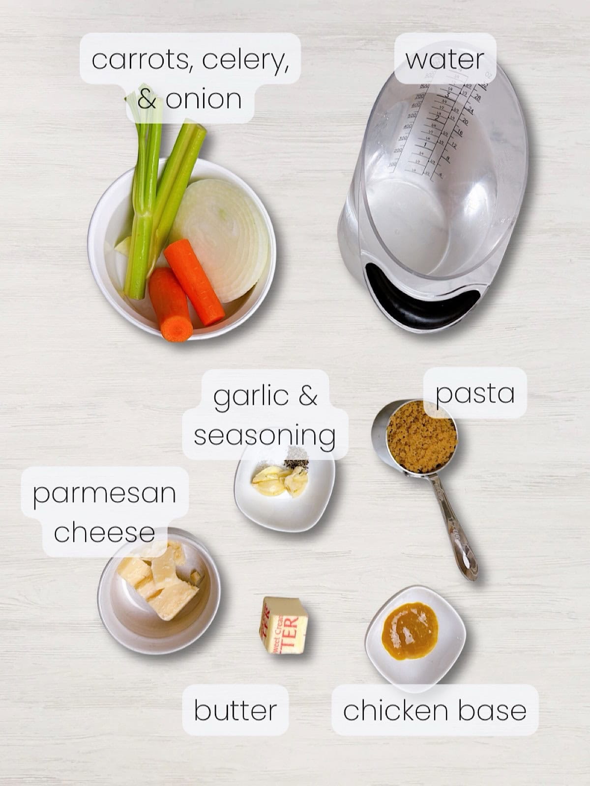 A labeled image of everything needed to make Easy Pastina Soup.