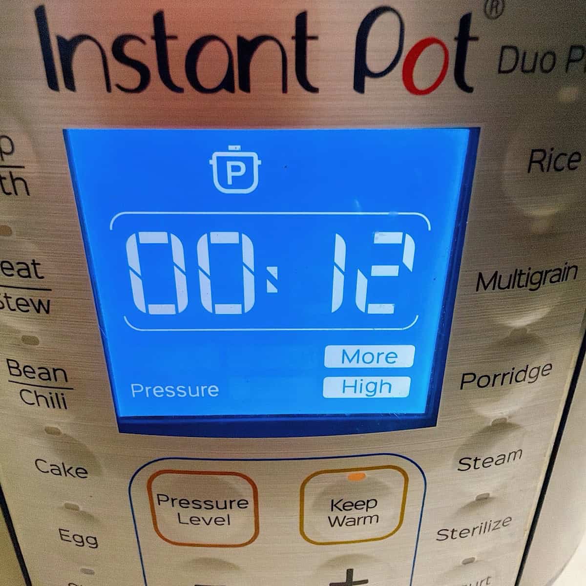 Instant pot set to 12 minutes high pressure.