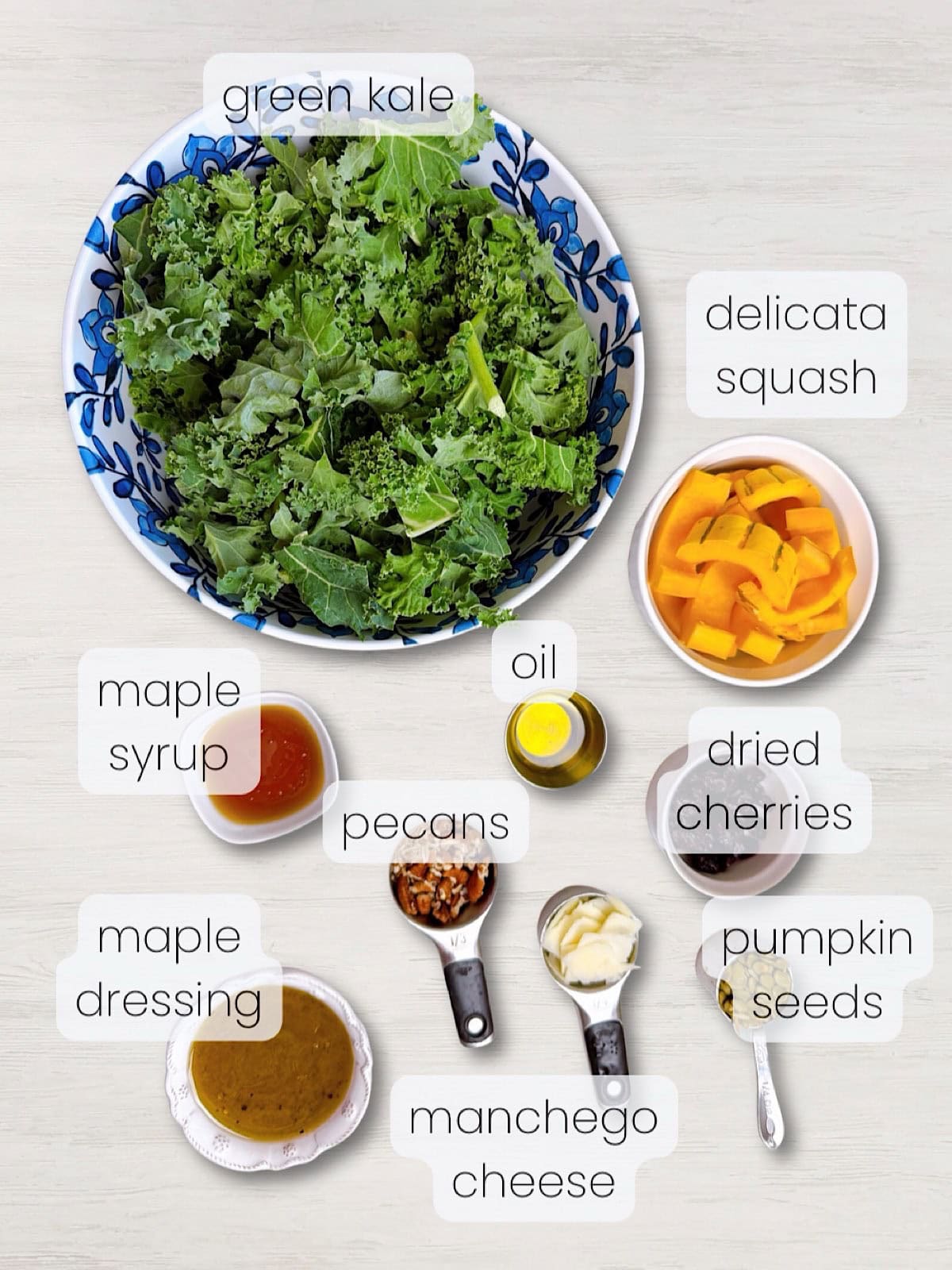A labeled image of everything needed to make a kale and Delicata squash salad.