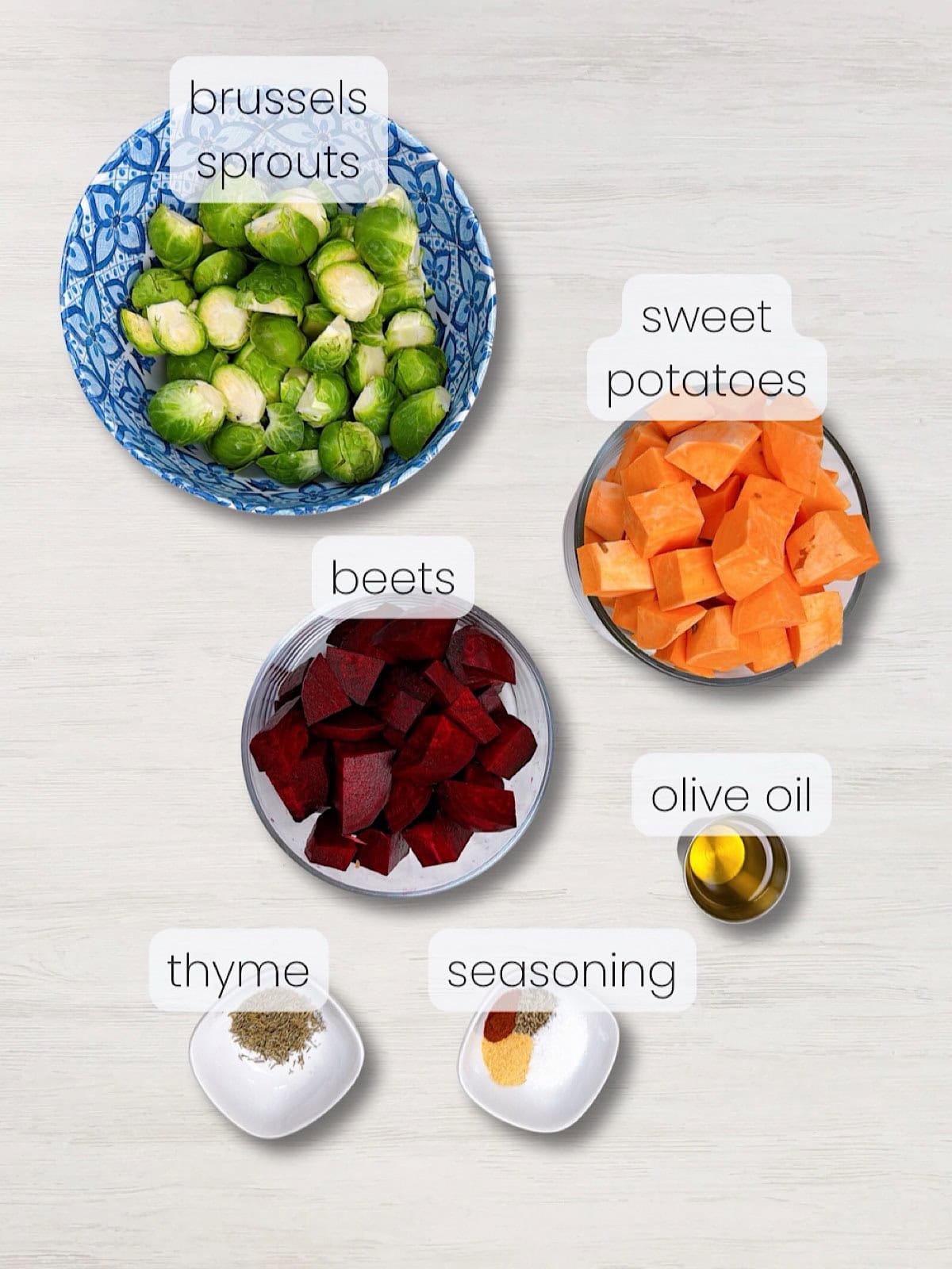 A labeled image of everything needed to make roasted fall vegetables.