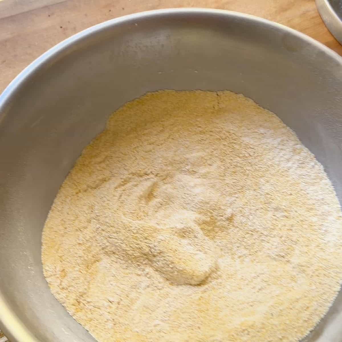 Dry ingredients in a mixing bowl.