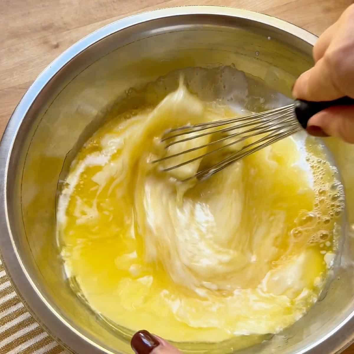 Wet cornbread ingredients whisked.