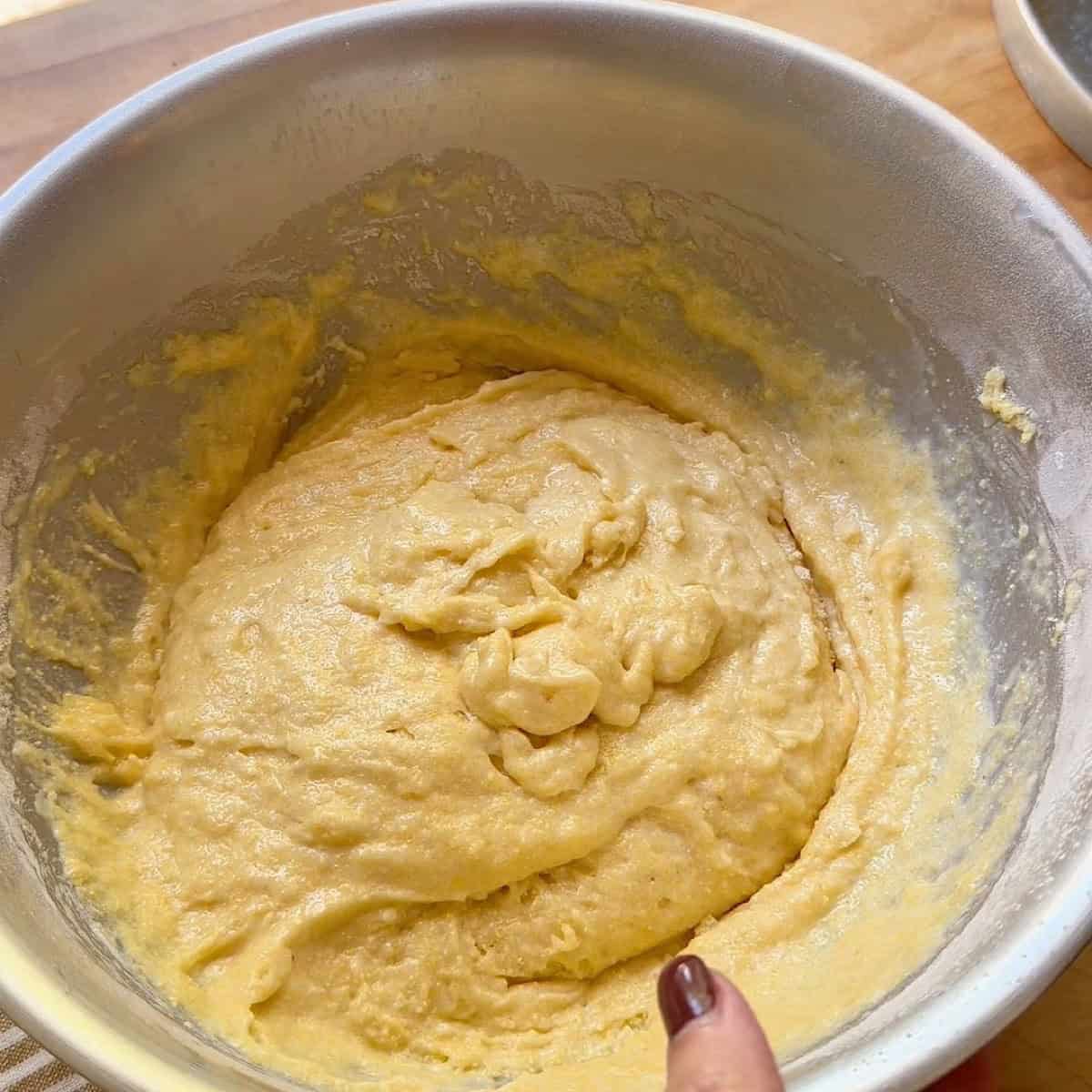 Combined wet and dry ingredients in a mixing bowl.