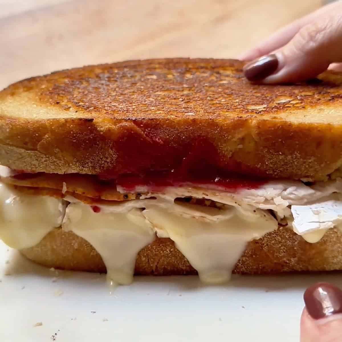 Toasted turkey brie cranberry melt on a plate with cheese oozing out.