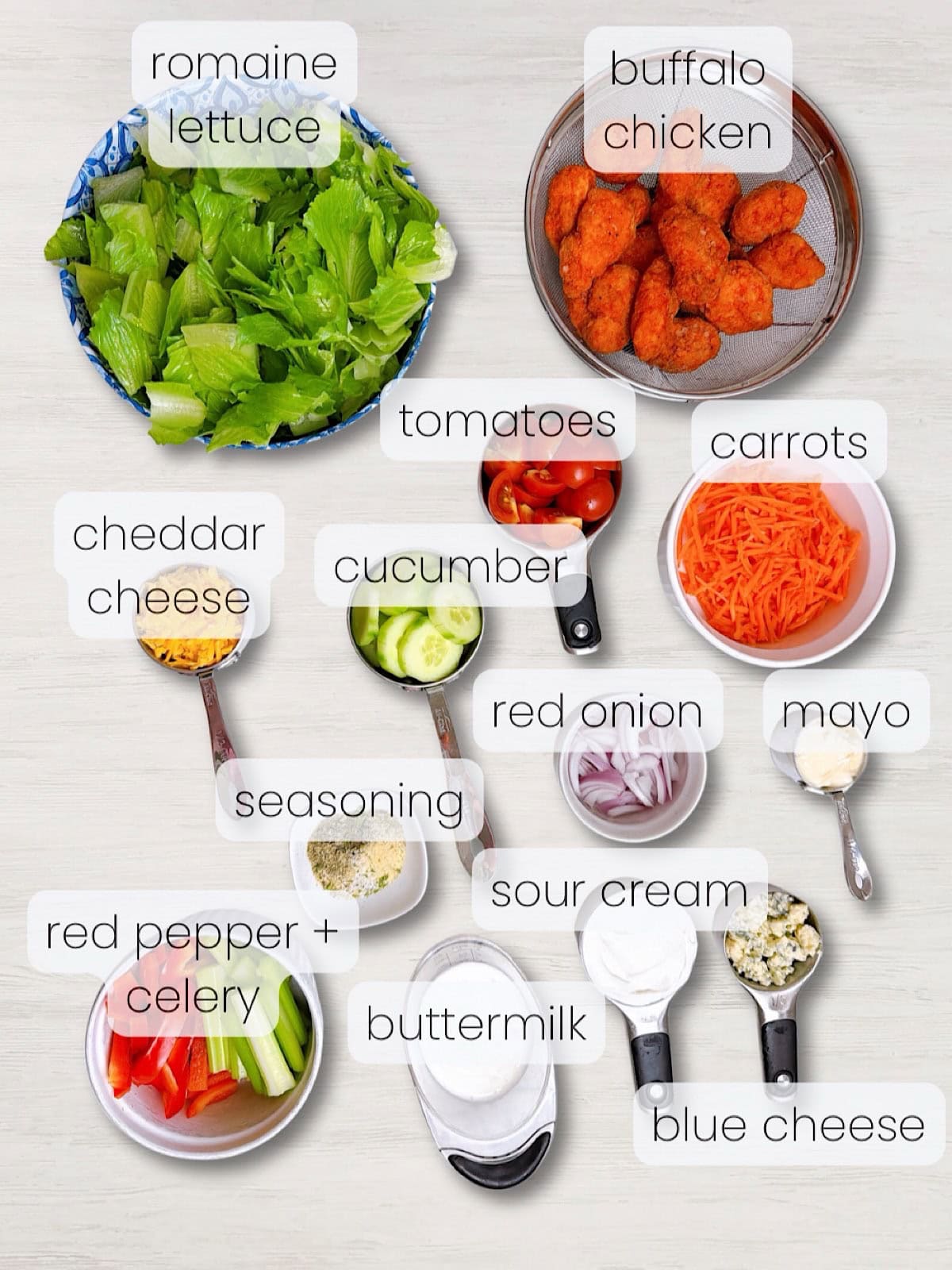 A labeled image of everything needed to make this buffalo chicken salad recipe with homemade buttermilk ranch dressing.