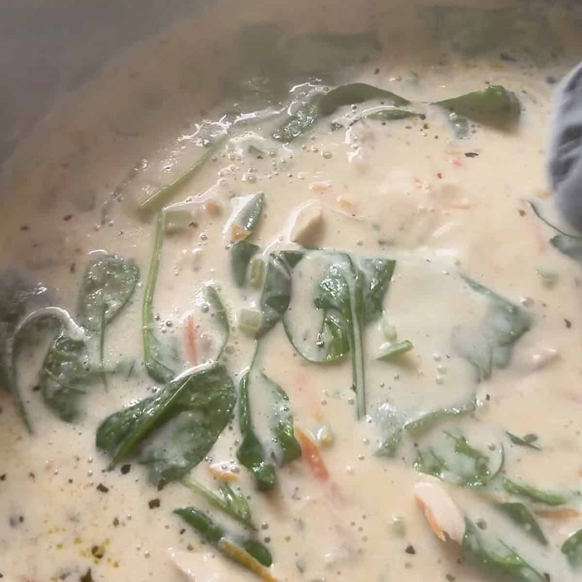Wilting the spinach in the chicken gnocchi soup.