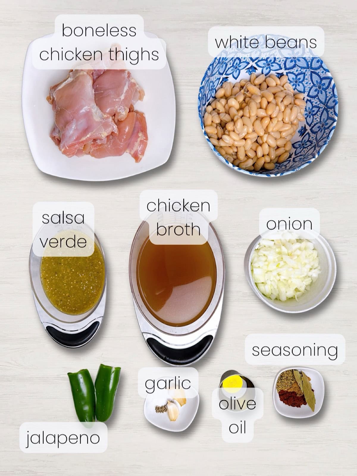 A labeled image of everything needed to make Instant pot white chicken chili.