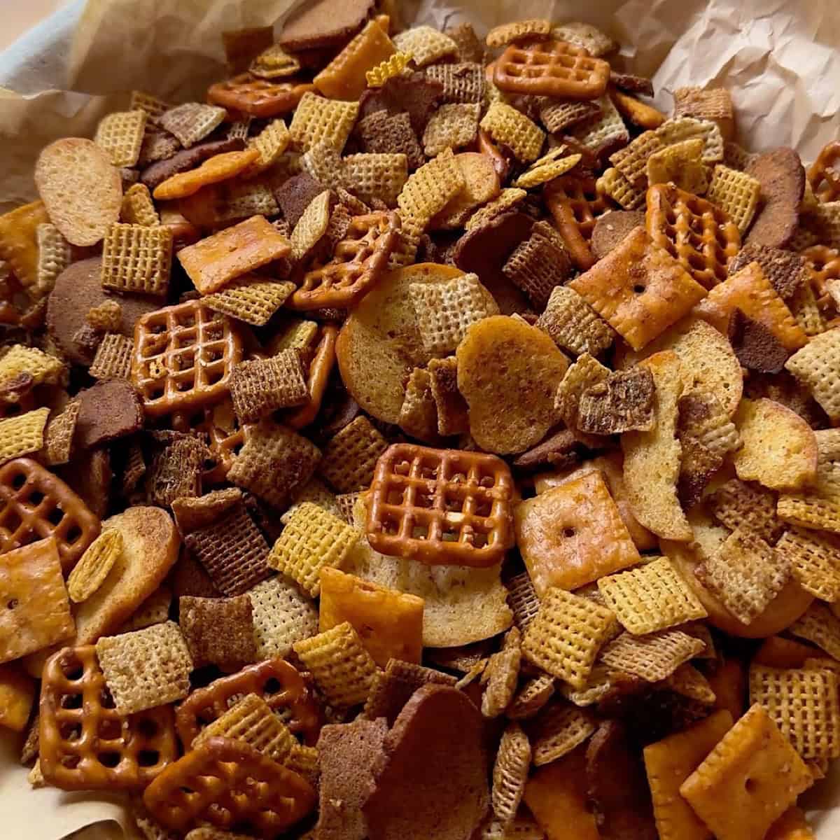 Baked holiday Chex mix cooled and ready to serve.