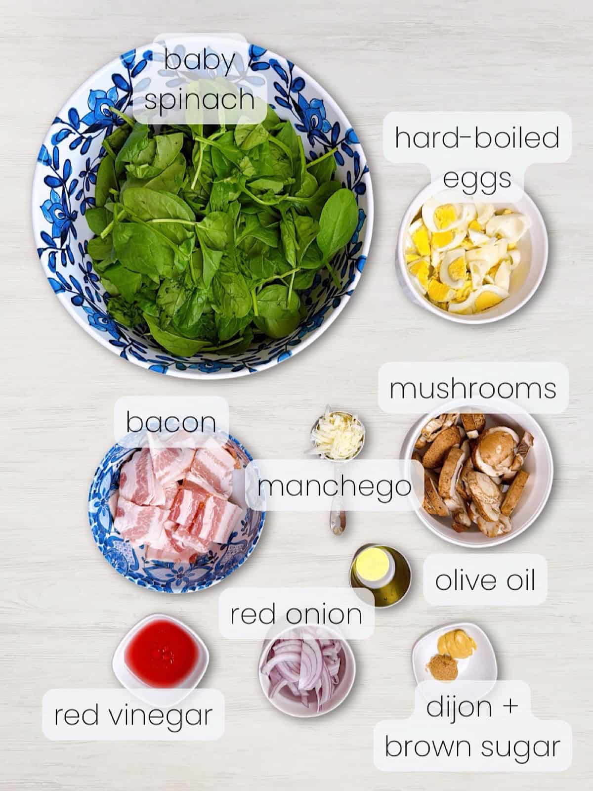 A labeled image of everything needed to make a warm spinach salad with bacon dressing.