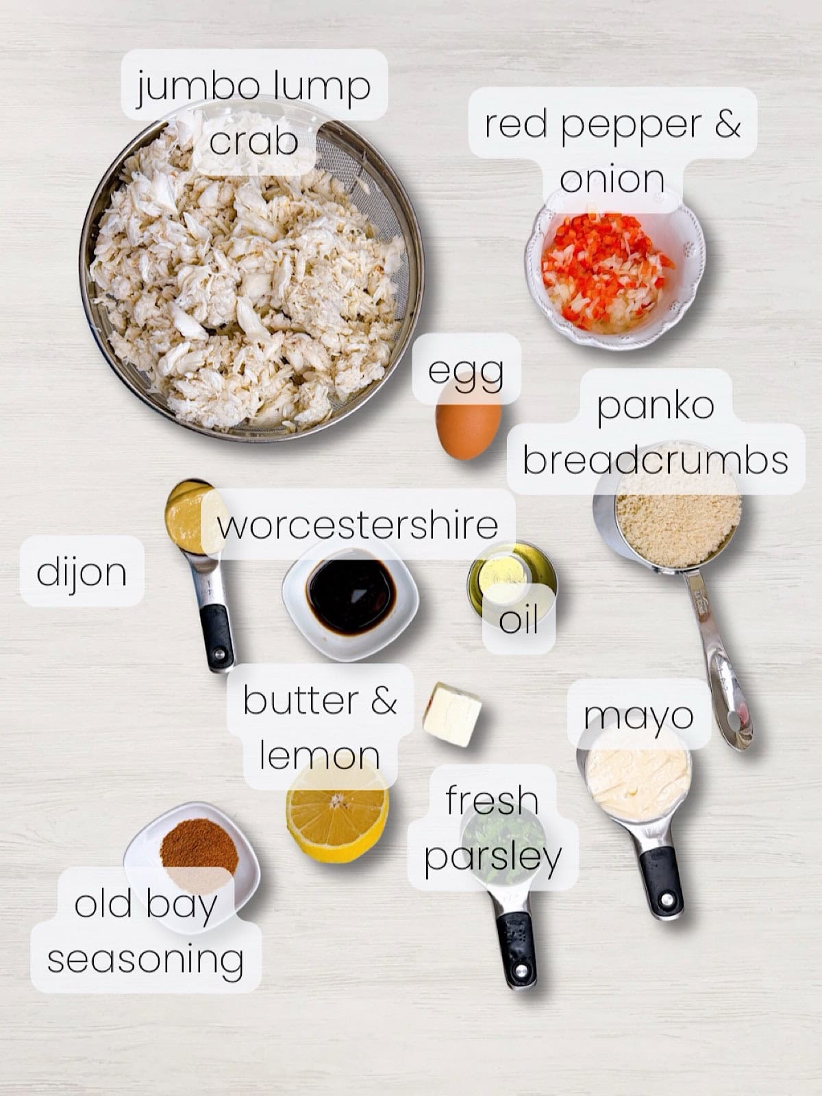 A labeled image of everything needed to make baked crab cakes with panko.