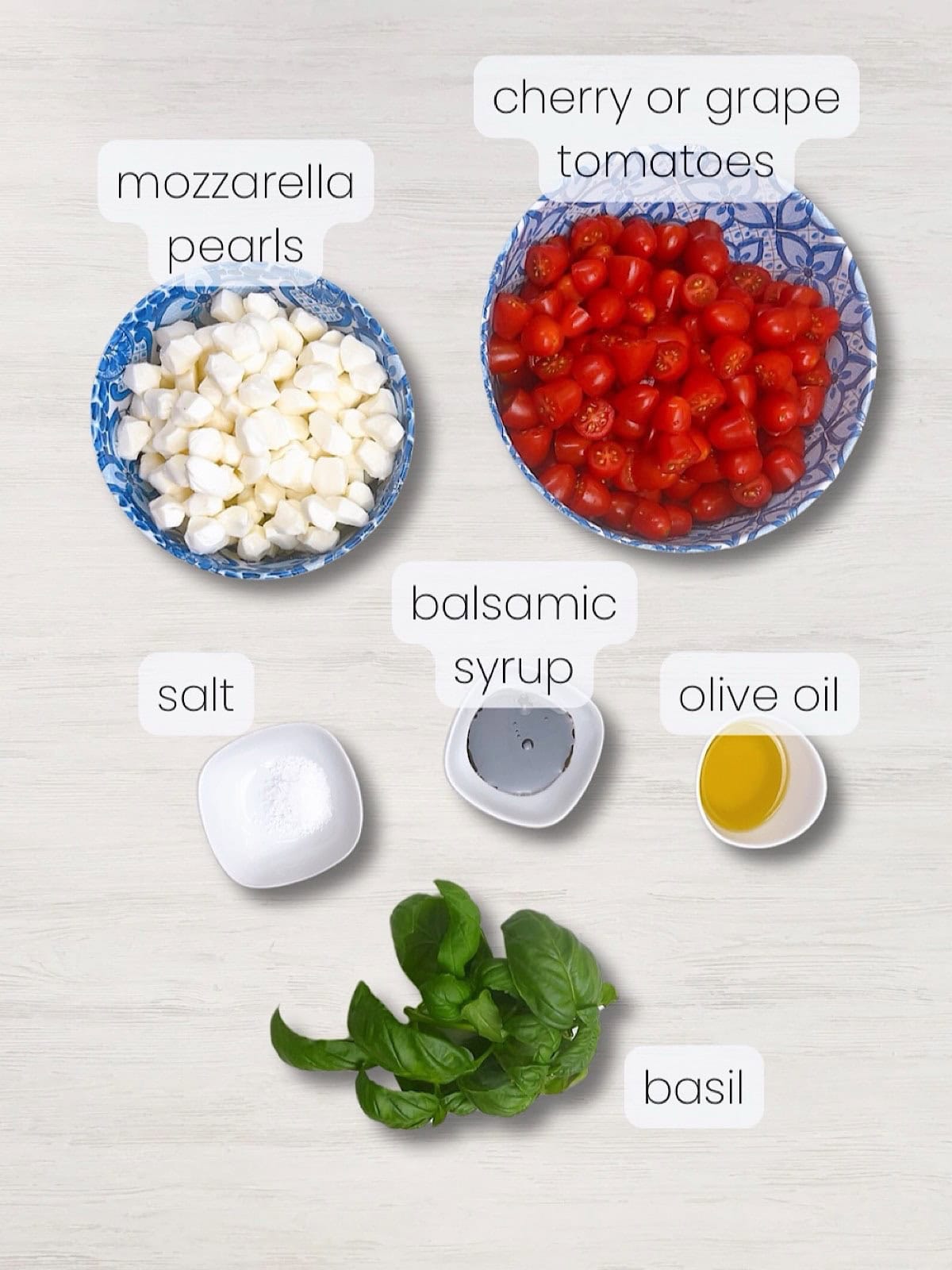 A labeled image of everything needed to make caprese salad with grape or cherry tomatoes.