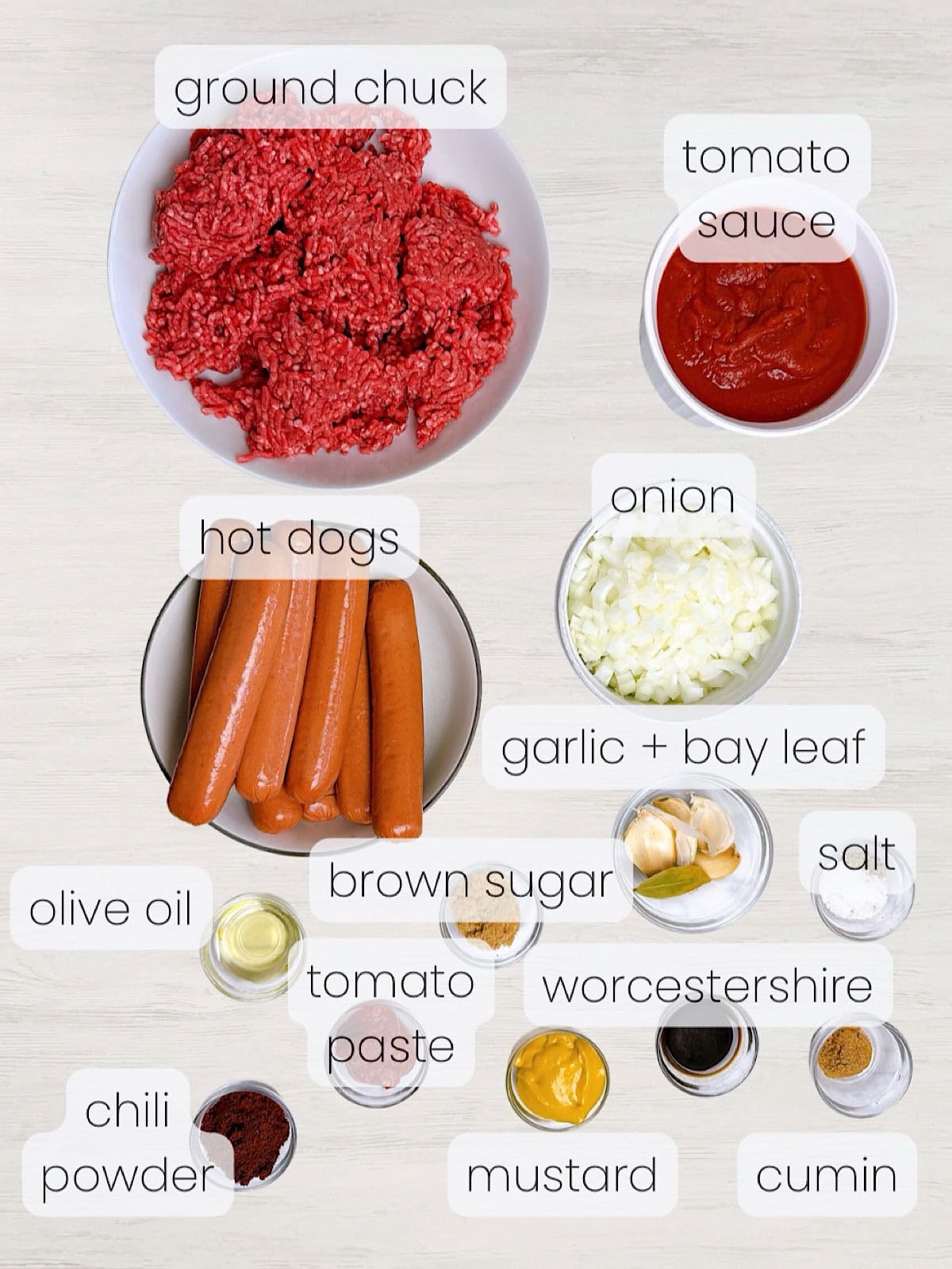 A labeled image of everything needed to make a chili cheese hot dog recipe.